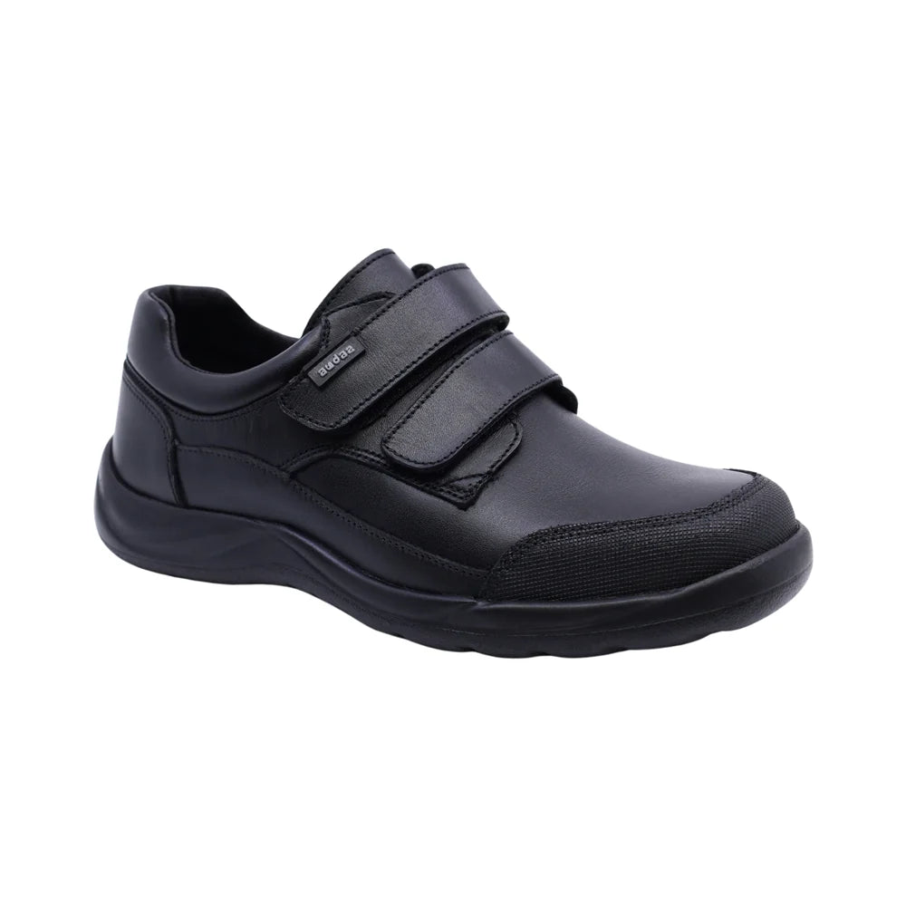 Zapato Escolar para Niño color Negro de Piel con Doble Velcro y Puntera de Protección COQUETA Y AUDAZ