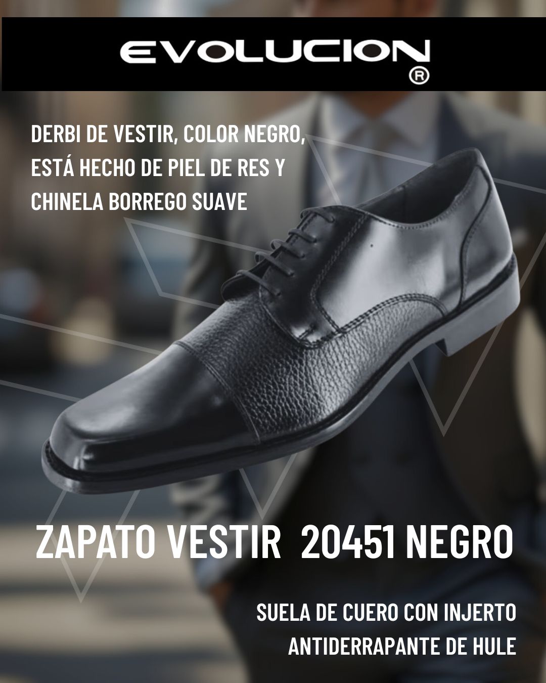 Zapato Evolución Hombre 20451 Negro | Derby de Vestir en Piel con Suela de Cuero Antiderrapante