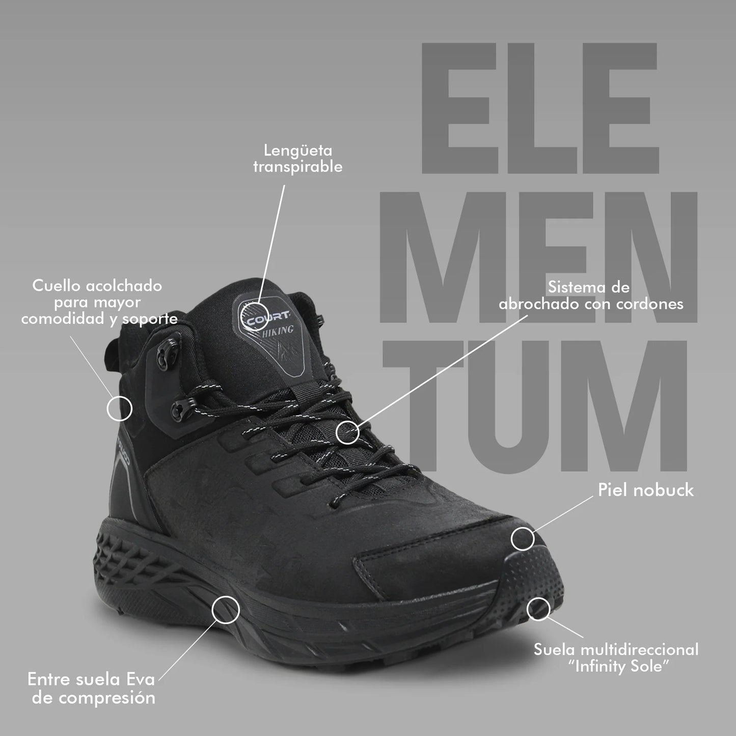 COURT ELEMENTUM Tenis para Senderismo, suela ranurada con tracción, calzado resistente, hecho de piel - Zapatos de hiking