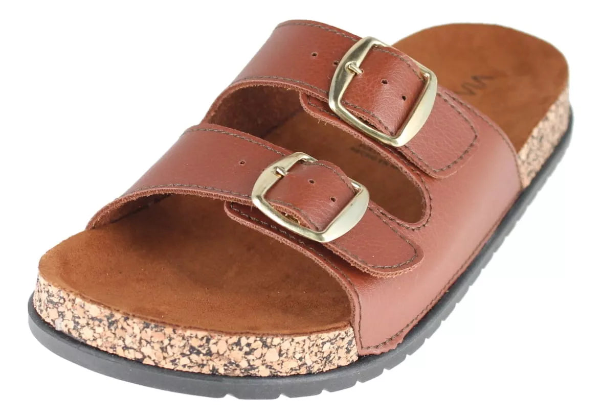 VIA MODA Sandalias de Doble Hebilla para Mujer Café
