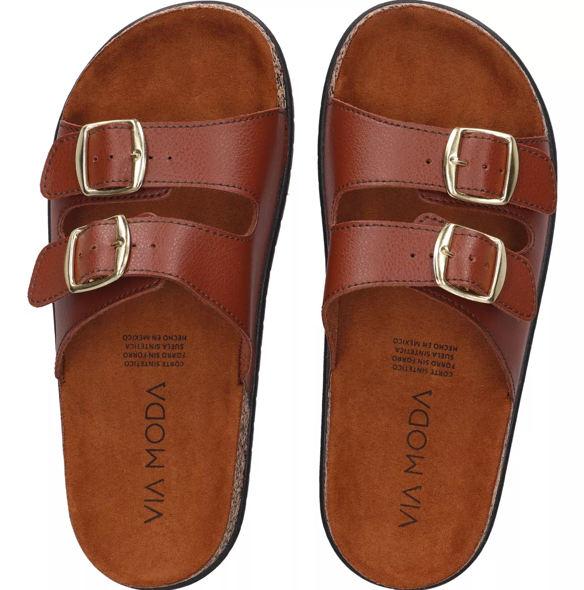 VIA MODA Sandalias de Doble Hebilla para Mujer Café