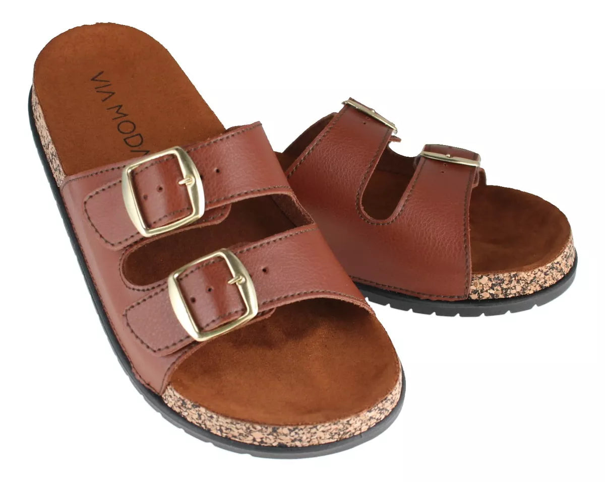 VIA MODA Sandalias de Doble Hebilla para Mujer Café