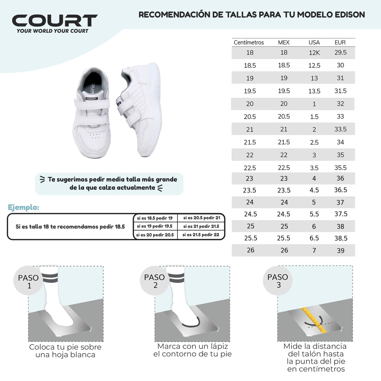 COURT Tenis Escolar para niños con Piel Durables, Cómodos, Ligeros con Velcro
