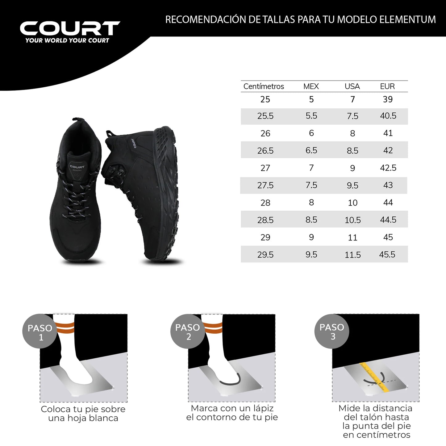 COURT ELEMENTUM Tenis para Senderismo, suela ranurada con tracción, calzado resistente, hecho de piel - Zapatos de hiking