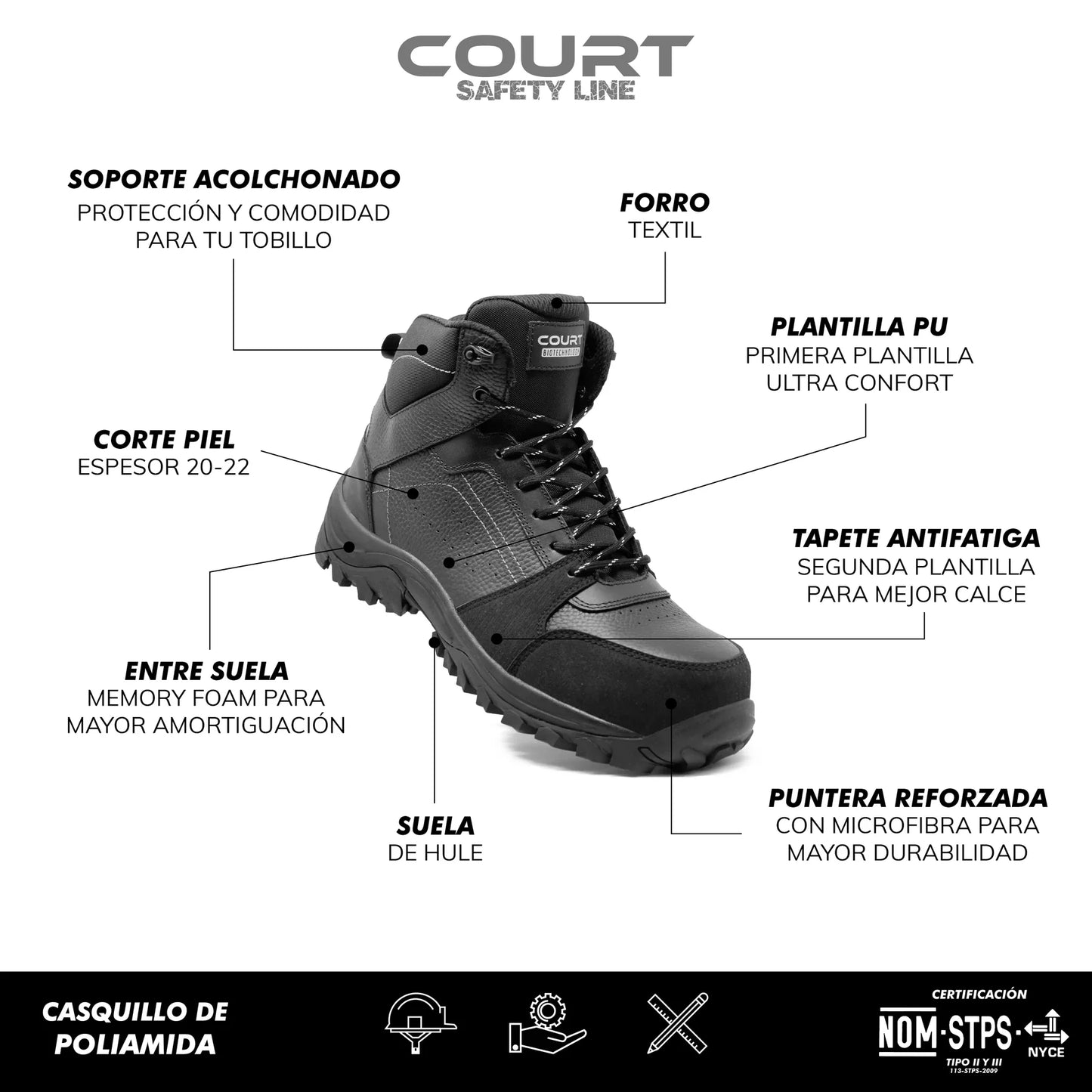 COURT IRON Calzado de Seguridad Industrial con Casco de Poliamida, dieléctricos, ligeros, certificados - Zapatos de seguridad