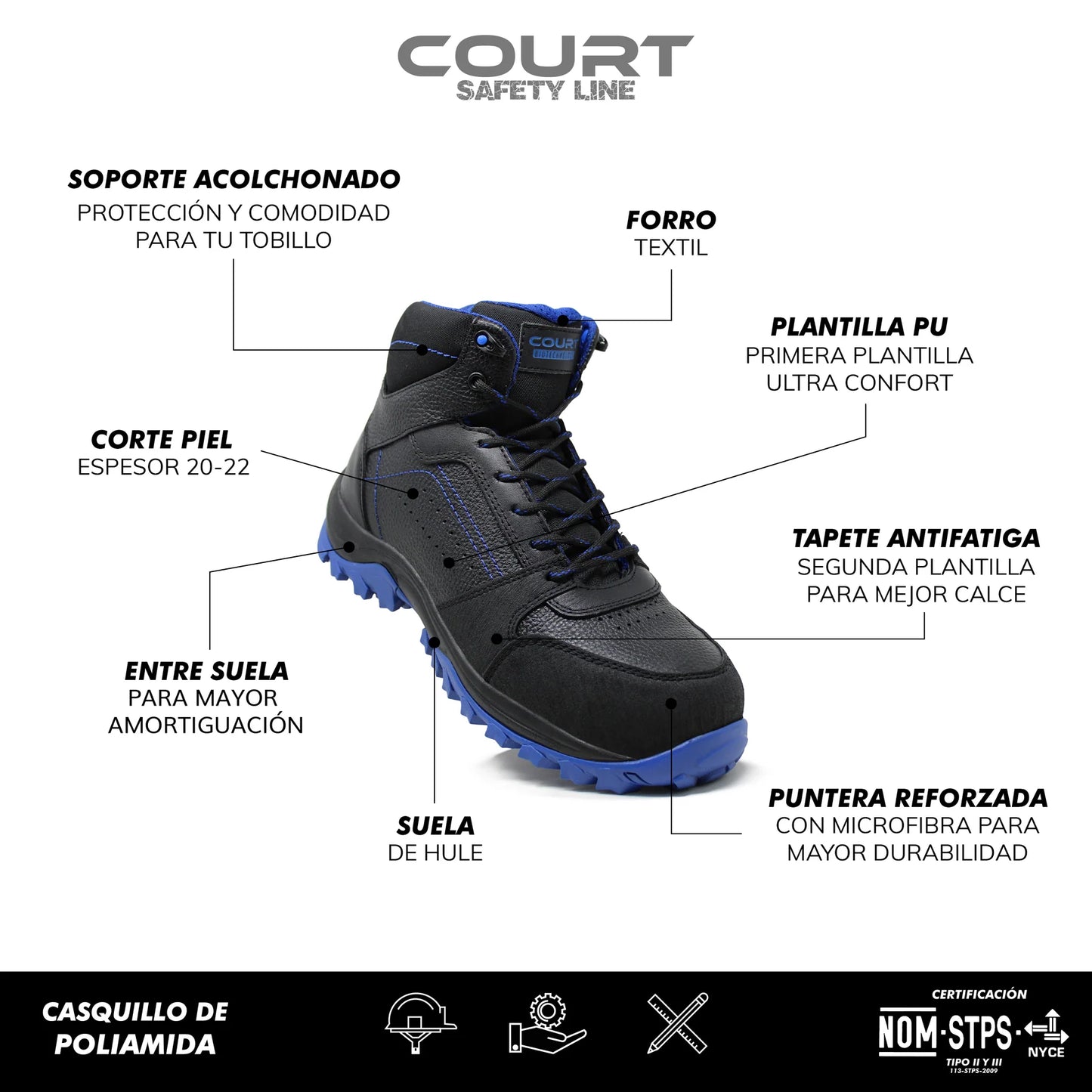 COURT IRON Calzado de Seguridad Industrial con Casco de Poliamida, dieléctricos, ligeros, certificados - Zapatos de seguridad