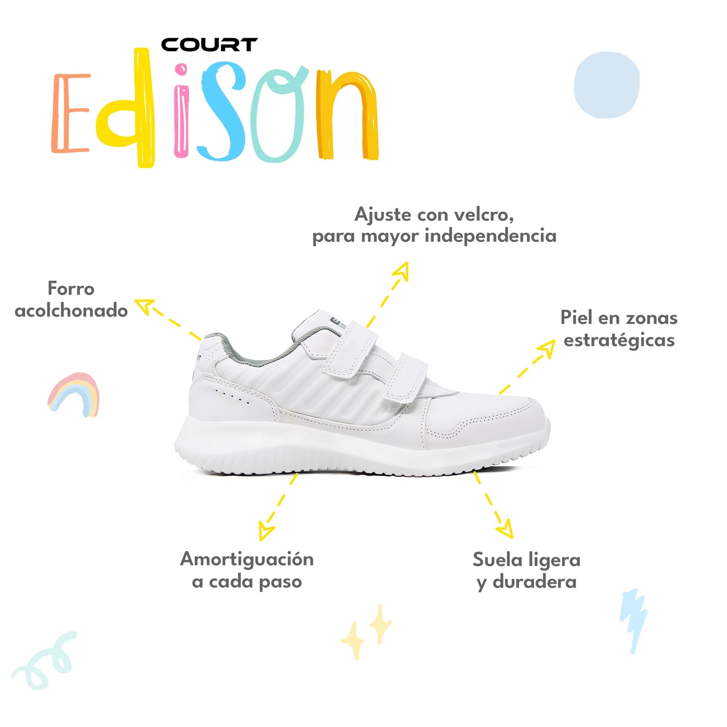 COURT Tenis Escolar para niños con Piel Durables, Cómodos, Ligeros con Velcro