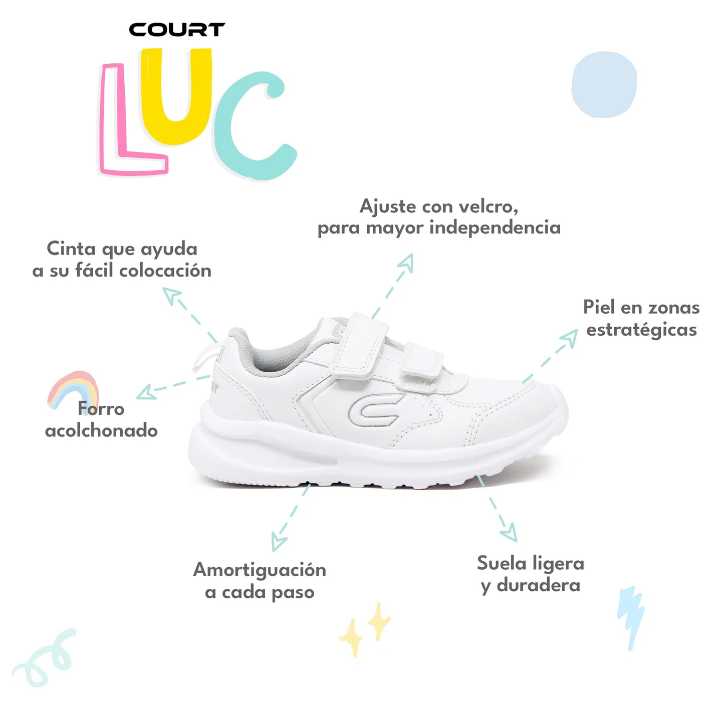 COURT Tenis Escolar para niño de Piel Durable, Cómodos, Ligeros con Velcro