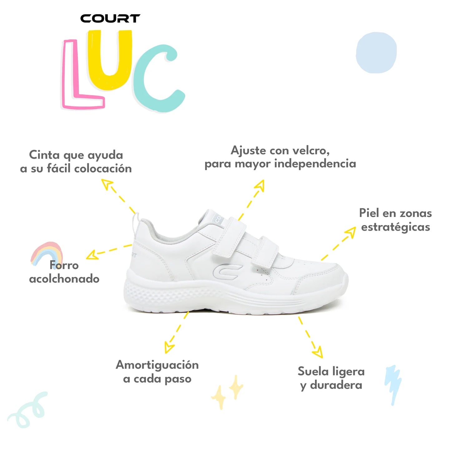 COURT  Tenis Escolar para niños con Piel, Durables, Cómodos con Velcro