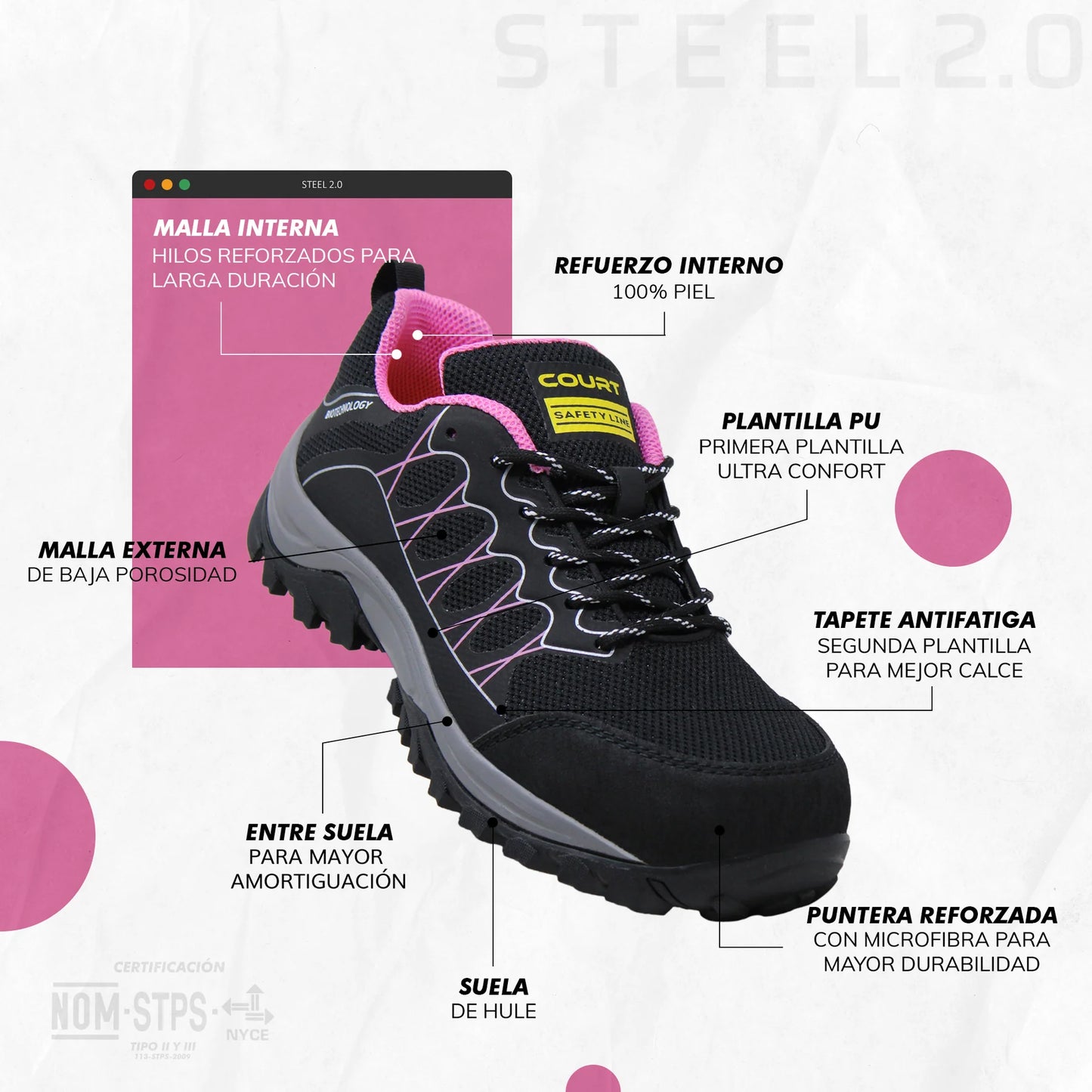 COURT STEEL Calzado de Seguridad Industrial con Casco de Poliamida, Dieléctricos, Certificados - Zapatos de seguridad para mujer