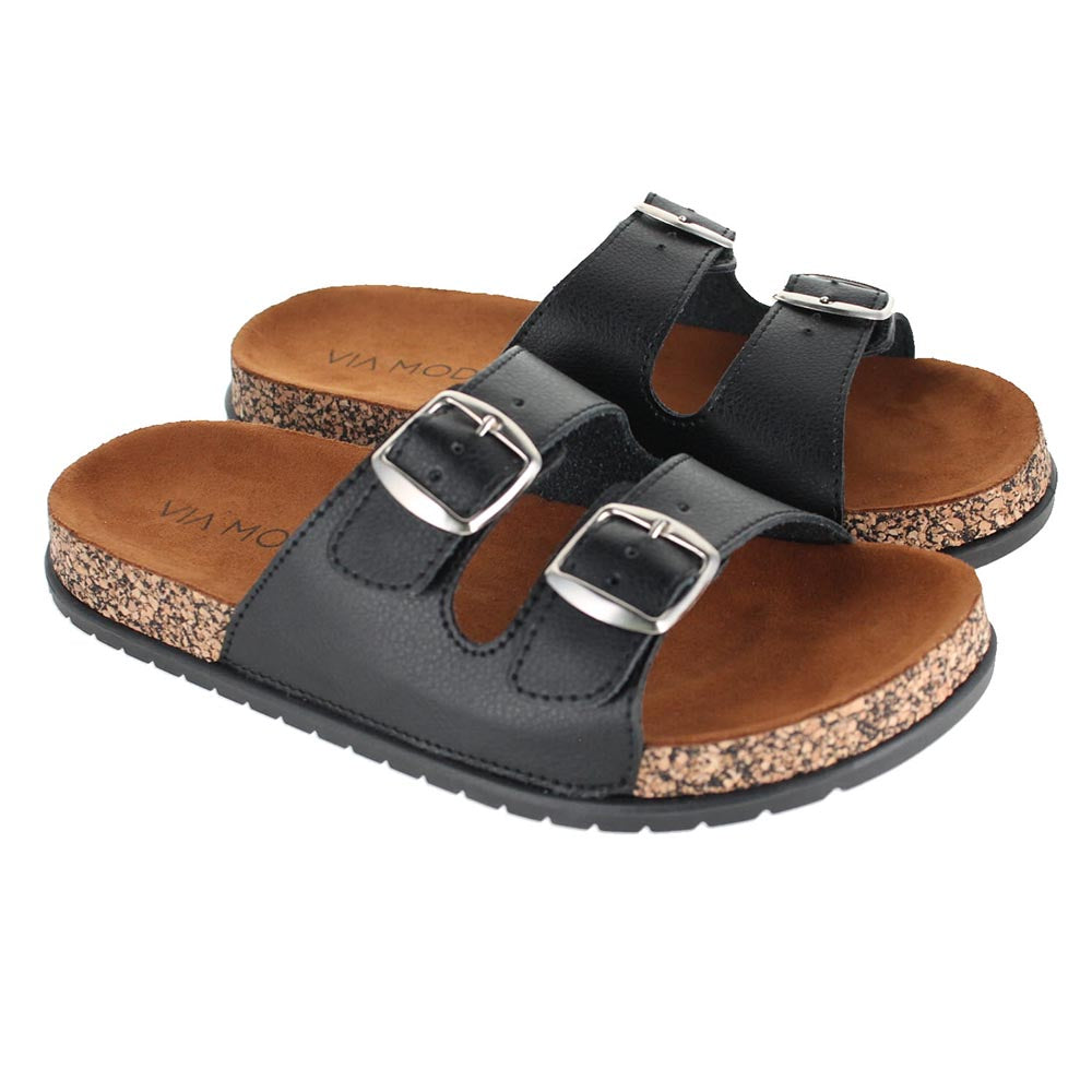 VIA MODA Sandalias de Doble Hebilla para Mujer Negras - Cómodas y prácticas